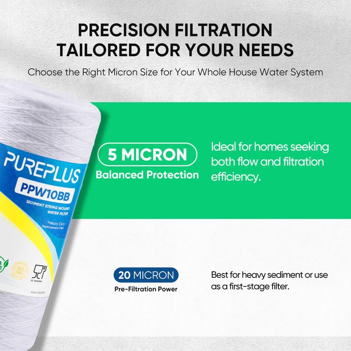 Pure Plus PUREPLUS 5 Micron 10 x 4.5 Whole House String Wound Sediment Filter for Well Water, Replacement Cartridge for 84637, WPX5BB97P, PC10, 355214-45, 355215-45, WP10BB97P, WP5BB97P, 2Pack - Image 5